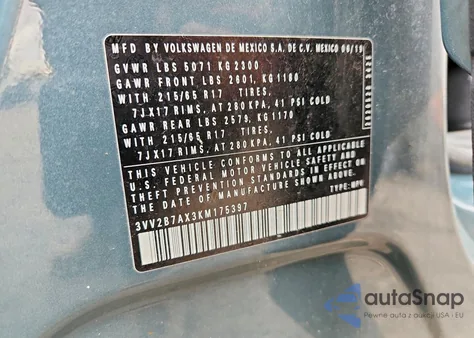 2019 Volkswagen Tiguan Se z USA, uszkodzony, nr VIN 3VV2B7AX3KM175397